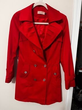 Classic Red Trench Coat with Ruffle Collar
